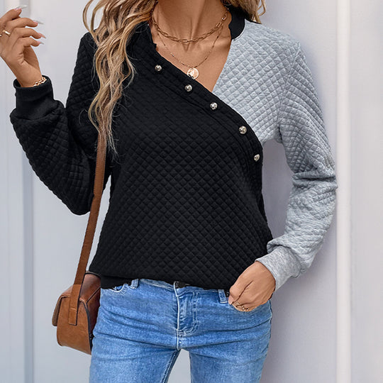 Damen Stepp-Sweatshirt mit asymmetrischem Revers, Zierdruckknöpfen und Colorblock-Ärmeln Shop Nory