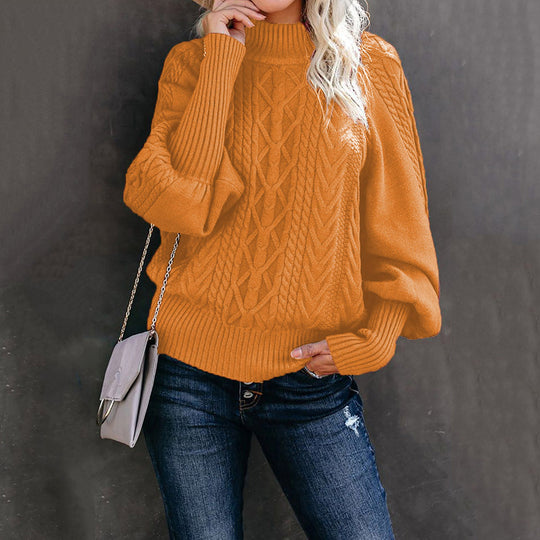 Damen Grobstrick-Pullover mit Zopfmuster, Stehkragen und Ballonärmeln Shop Nory