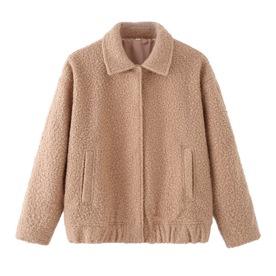 Damen Teddy-Boxy-Jacke mit Hemdkragen, Eingrifftaschen und elastischem Saum Shop Nory