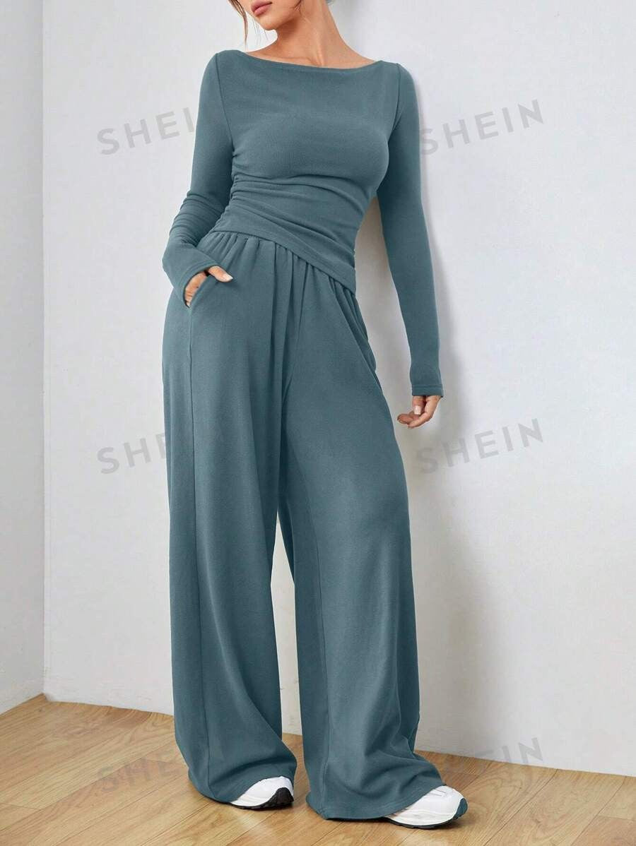 Damen Lässiges Two‑Piece Lounge‑Set mit U‑Boot‑Ausschnitt, taillierter Drapierung und weitem Palazzohose Shop Nory
