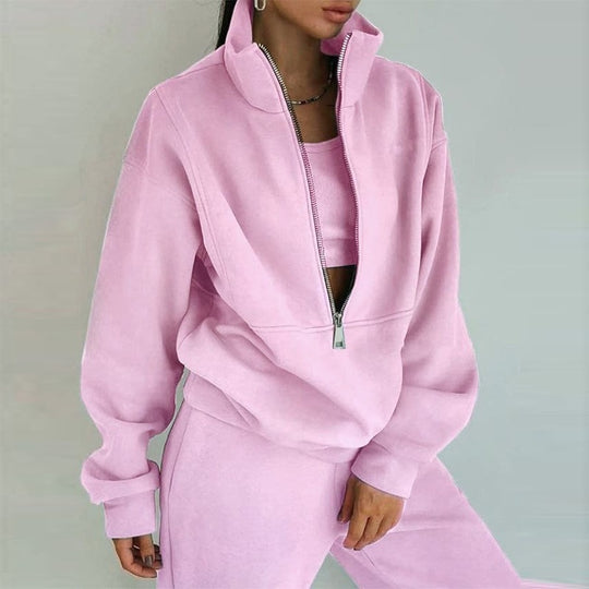 Damen nan kurzes Halbzip-Sweatshirt-und-Jogginghose-Set mit Stehkragen, oversized Schnitt und weichem French-Terry Shop Nory
