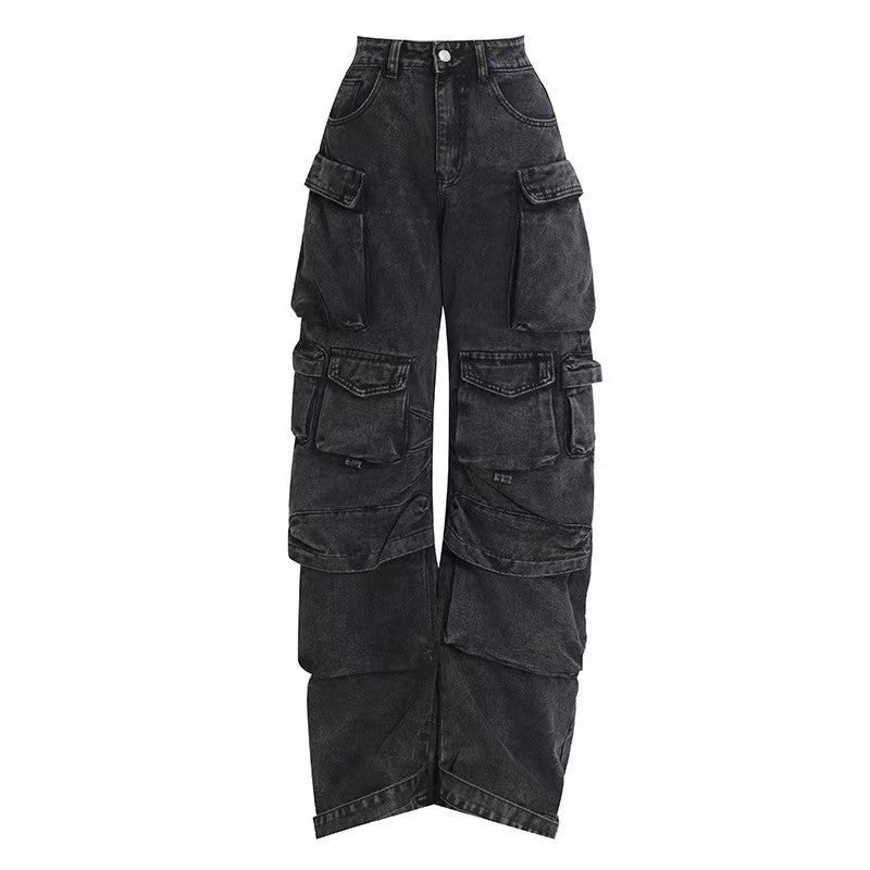 Damen weit geschnittene Cargo-Jeans mit mehreren Taschen und entspannter Passform