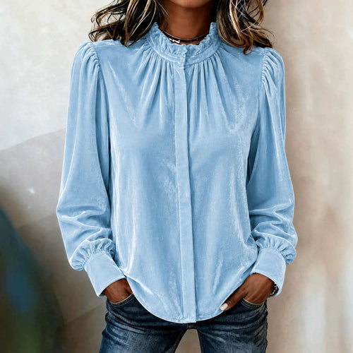 Damen Samtbluse mit Rüschen-Stehkragen, verdeckter Knopfleiste und gerafften Ballonärmeln Shop Nory