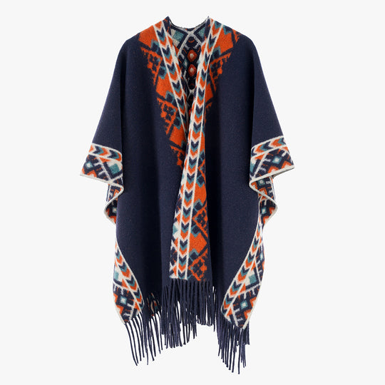 Damen Poncho‑Überwurf mit Ethno-Jacquard und Fransensaum Shop Nory