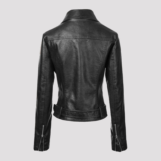 Damen Kurz geschnittene taillierte Leder-Bikerjacke mit Taillengürtel und asymmetrischem Reißverschluss Shop Nory