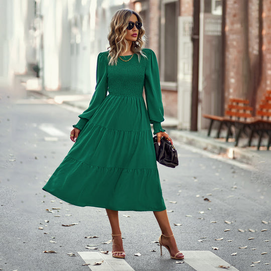 Damen nan gerafftes Midikleid mit Smok-Oberteil, ballonförmigen Ärmeln und stufigem Volantrock Shop Nory