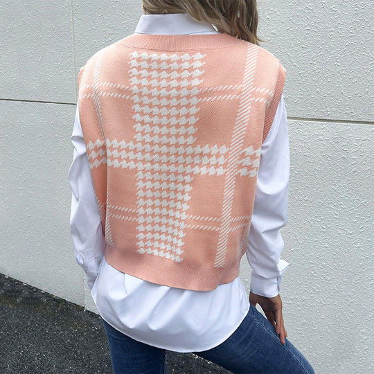 Damen Oversize-Strickweste mit V-Ausschnitt und Hahnentritt-Muster Shop Nory