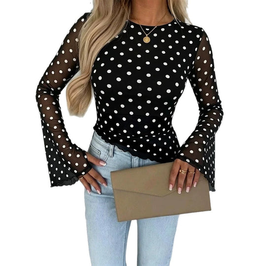 Damen Transparente Mesh-Polka‑Dot-Bluse mit taillierter Passform und Glockenärmeln Shop Nory