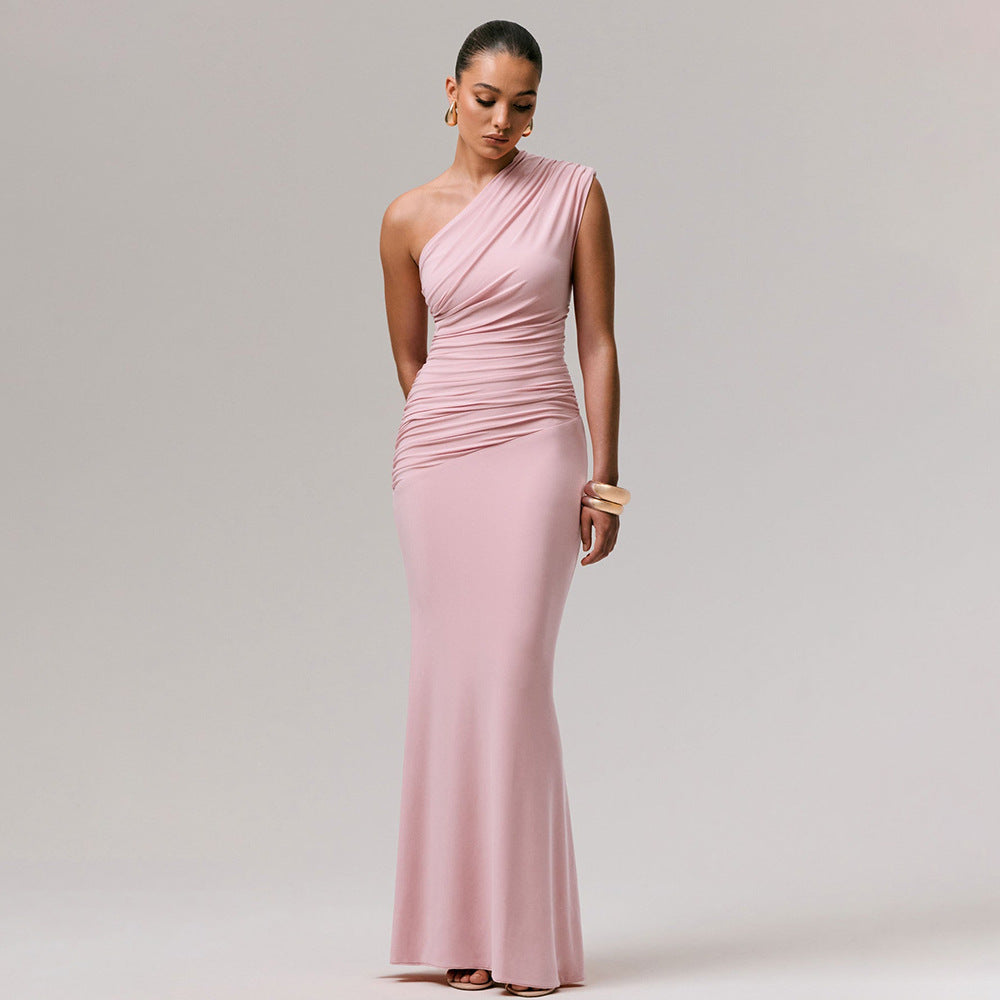 Damen Langarm-Maxikleid mit asymmetrischem Schnitt und raffinierten Drapierungen Shopnory