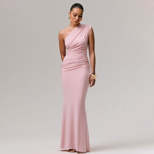 Damen Langarm-Maxikleid mit asymmetrischem Schnitt und raffinierten Drapierungen Shopnory