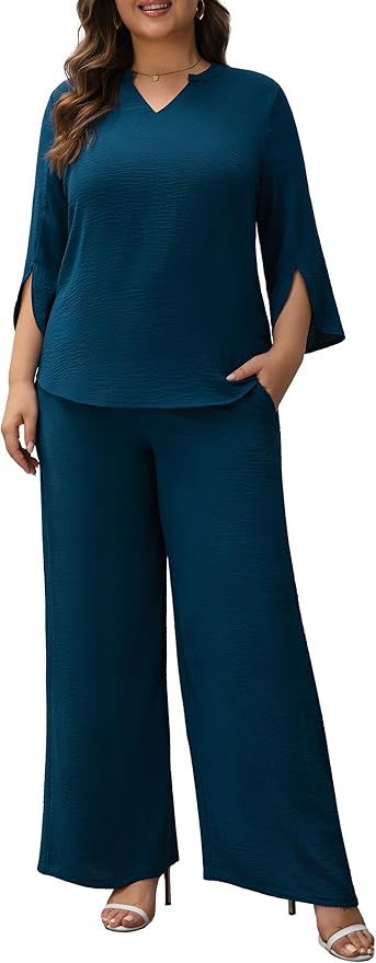 Damen Elegantes Zweiteiliges Palazzo-Set mit V‑Ausschnitt und geschlitzten 3/4‑Ärmeln Shop Nory