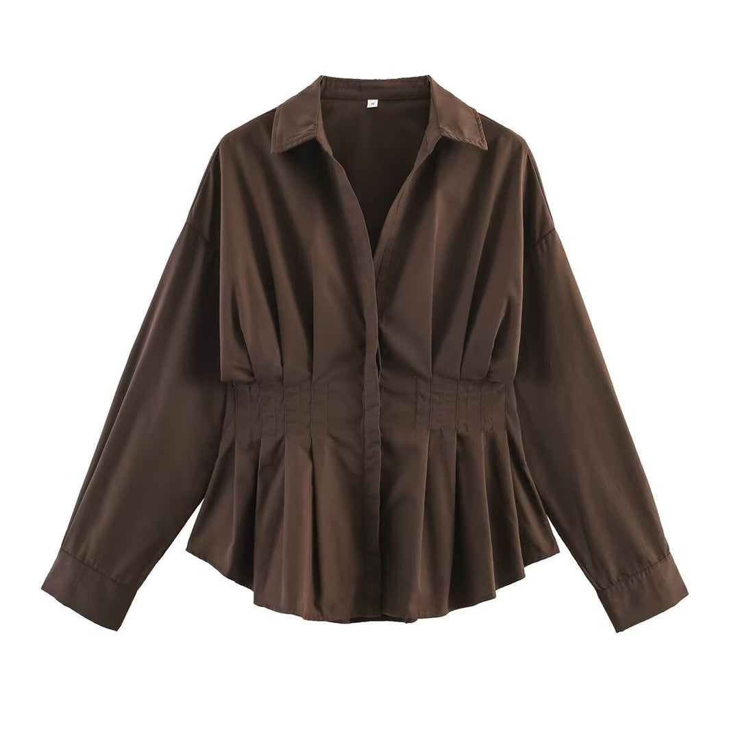 Damen Taillierte Bluse mit Kellerfalten, Eingearbeitetem Tunnelzug und Hemdkragen Shop Nory