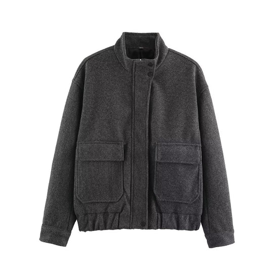 Damen Wollmix-Blousonjacke mit Stehkragen, großen Klappentaschen und elastischem Saum Shop Nory
