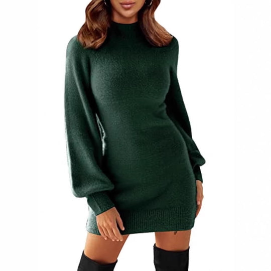 Damen Tailliertes Teddy-Strick-Minikleid mit Stehkragen und Ballonärmeln Shop Nory