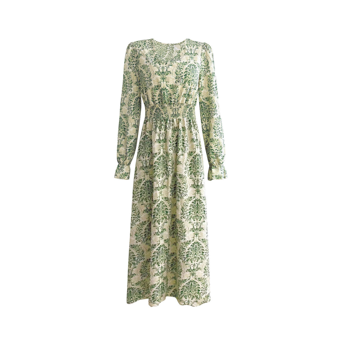 Damen Feminin fließendes Maxikleid mit V-Ausschnitt, geraffter Smock-Taillenpartie und ornamentaler Allover-Print Shop Nory