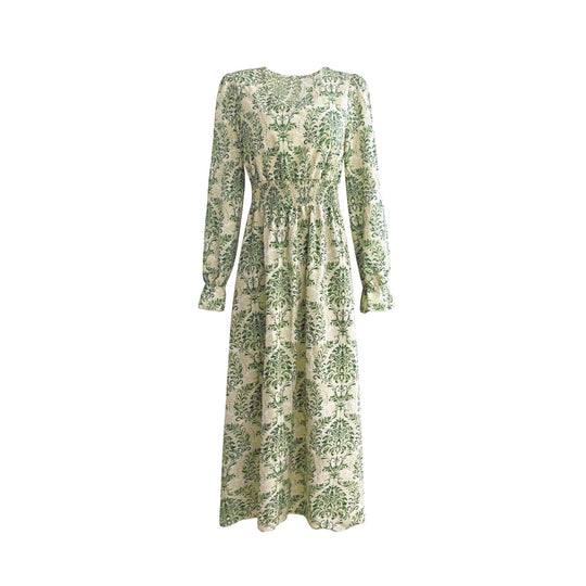 Damen Feminin fließendes Maxikleid mit V-Ausschnitt, geraffter Smock-Taillenpartie und ornamentaler Allover-Print Shop Nory