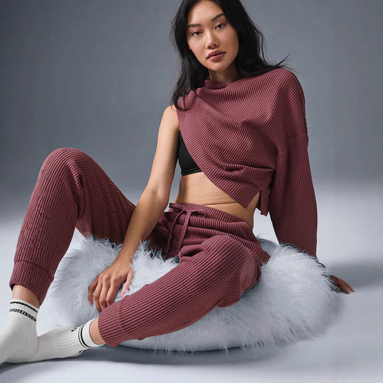 Damen Gerippte High‑Waist Loungehose mit Kordelzug und Bündchen Shop Nory