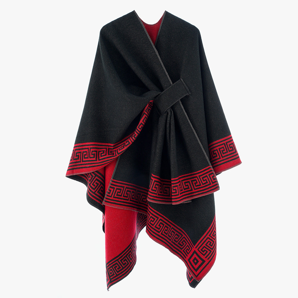 Damen Wendbarer Poncho aus Kaschmir‑Mischung mit grafischem Bordürenprint und Taillengürtel Shop Nory