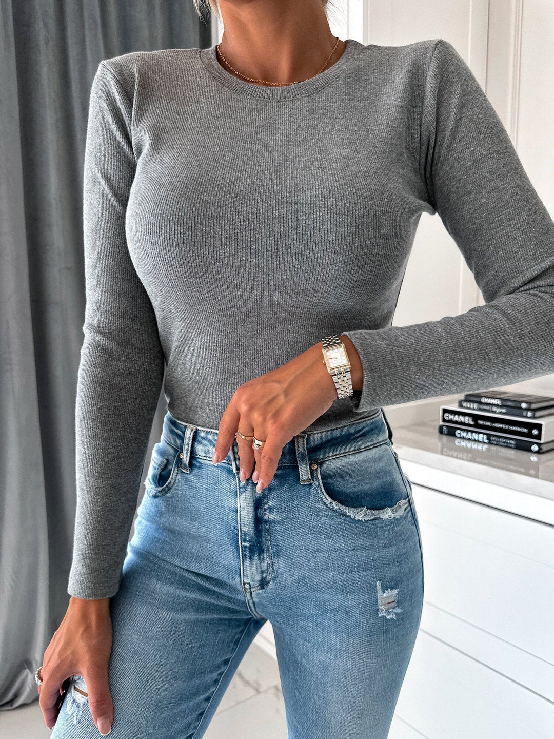 Damen Langärmeliges Oberteil mit schmaler Passform und Rippstruktur