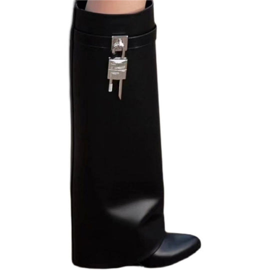 Damen kniehohe Lederstiefel mit konischem Schaft und Schloss-Applikation Shop Nory
