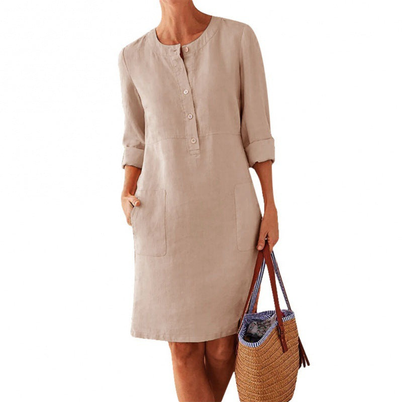 Damen Locker geschnittenes Leinenoptik-Kleid mit dreiviertel-Ärmeln, Knopfleiste und Eingrifftaschen Shop Nory