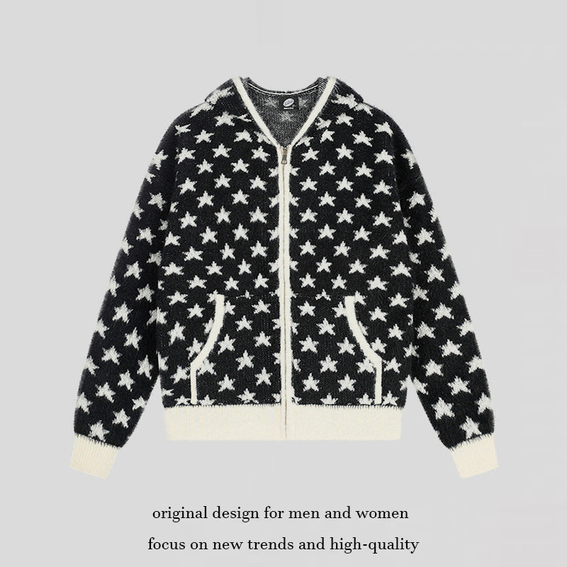Damen Flauschige Strick-Zipjacke mit Allover-Sternmuster, Kängurutaschen und Rippbündchen Shop Nory