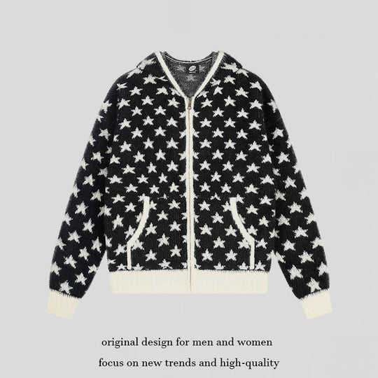 Damen Flauschige Strick-Zipjacke mit Allover-Sternmuster, Kängurutaschen und Rippbündchen Shop Nory