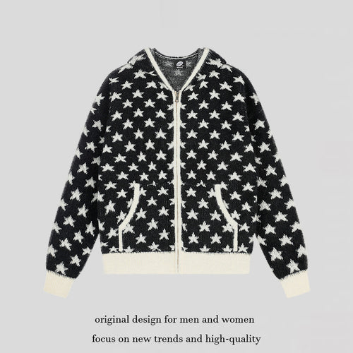 Damen Flauschige Strick-Zipjacke mit Allover-Sternmuster, Kängurutaschen und Rippbündchen Shop Nory