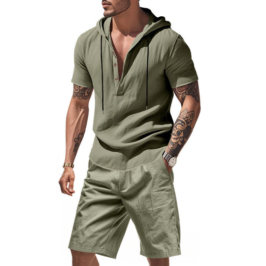 Herren lässiges Kurzarmhemd mit Kapuze und Shorts