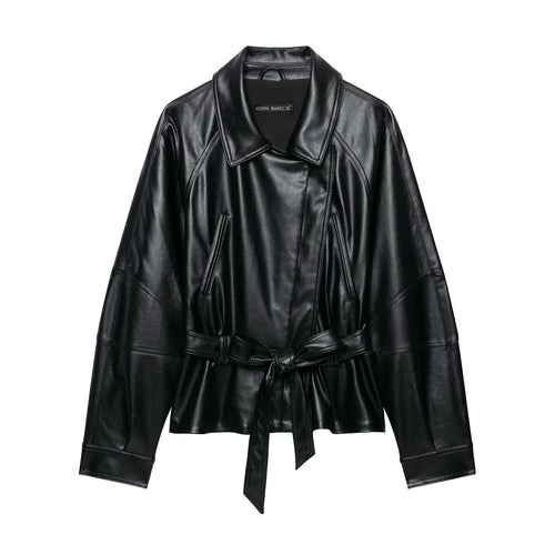 Damen Taillierter Kunstleder-Blazer mit Bindegürtel und Schalkragen Shop Nory