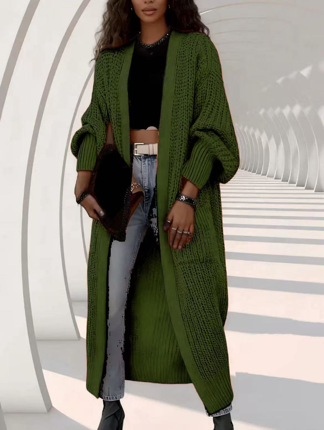 Damen Langer Offener Grobstrick-Mantelcardigan mit Flechtstruktur und überschnittener Schulter Shop Nory