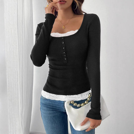 Damen Figurbetontes Rippenstrick-Top mit U‑Ausschnitt und Knopfleiste Shop Nory