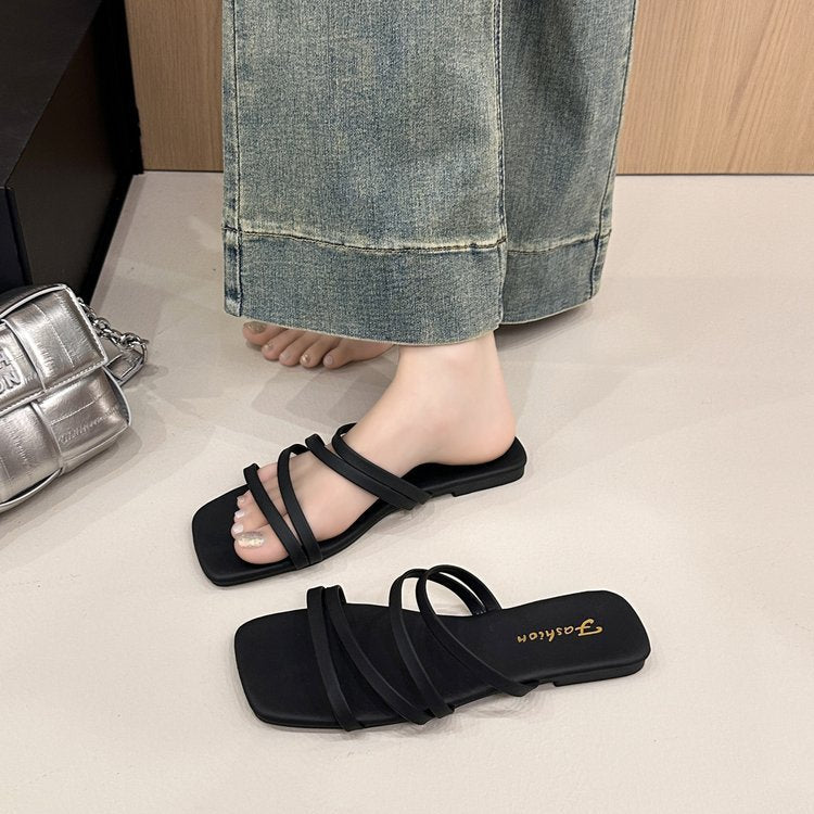 Damen flache Riemchen-Sandalen mit quadratischer Spitze