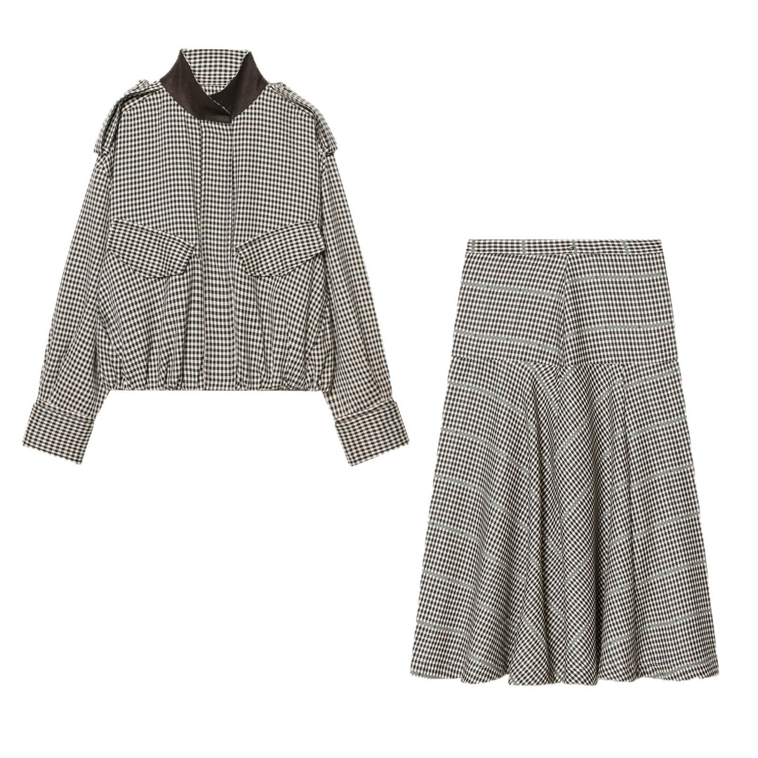 Damen Zweiteiliges Karo-Set mit kurzer Hemdjacke im Bomberstil und ausgestelltem Midirock Shop Nory