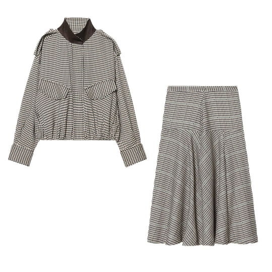 Damen Zweiteiliges Karo-Set mit kurzer Hemdjacke im Bomberstil und ausgestelltem Midirock Shop Nory