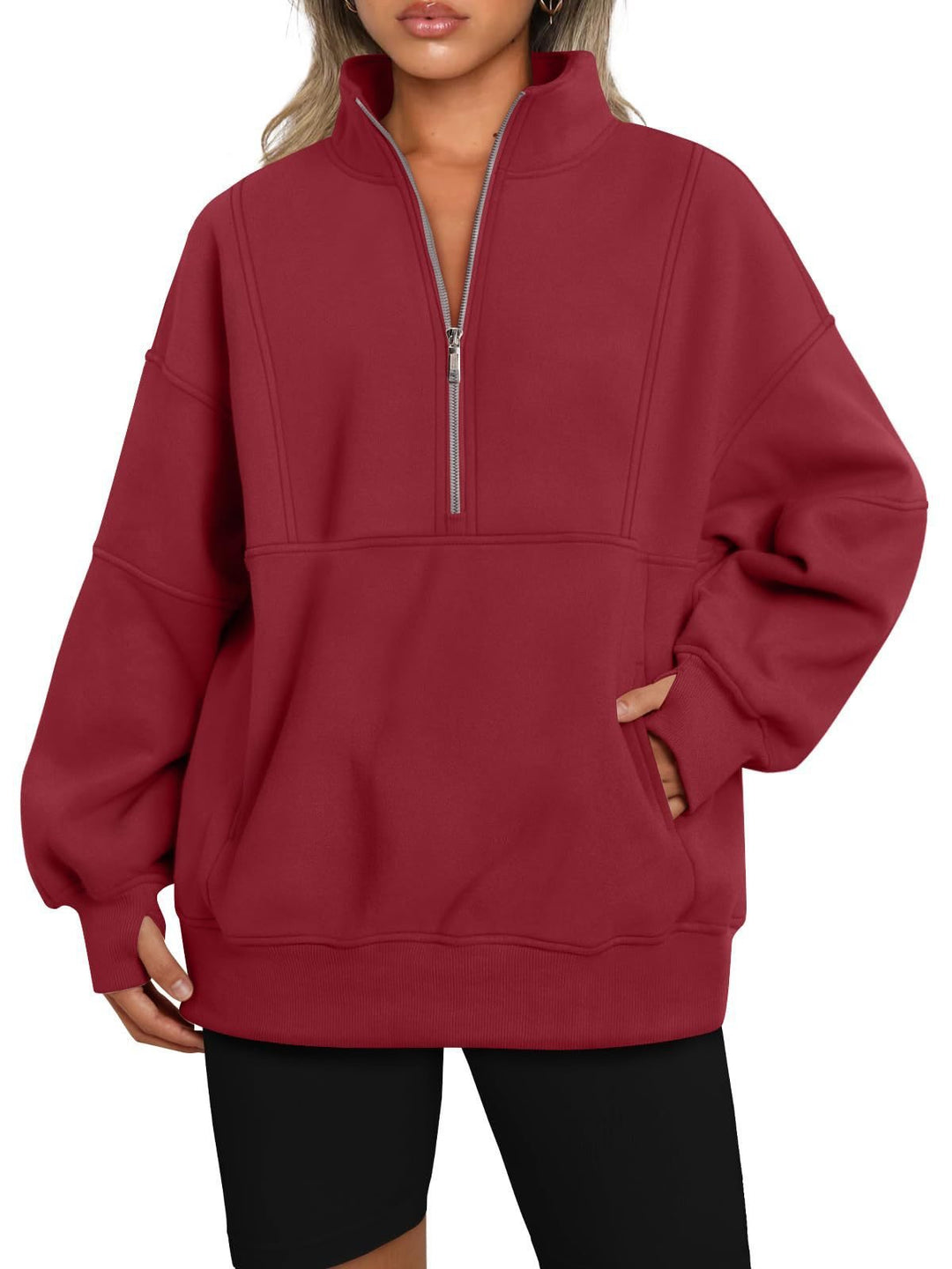 Damen Oversize-Sweatshirt mit halbem Reißverschluss, Stehkragen und Kängurutasche Shop Nory