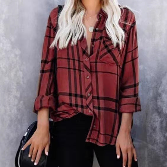 Damen Oversize-Hemdbluse mit Karomuster, Brusttasche und umkrempelbaren Ärmeln Shop Nory