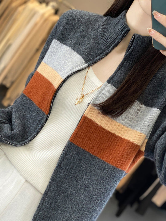 Damen Reißverschluss-Strickcardigan aus weichem Wollmix mit Blockstreifen und geripptem Saum Shop Nory