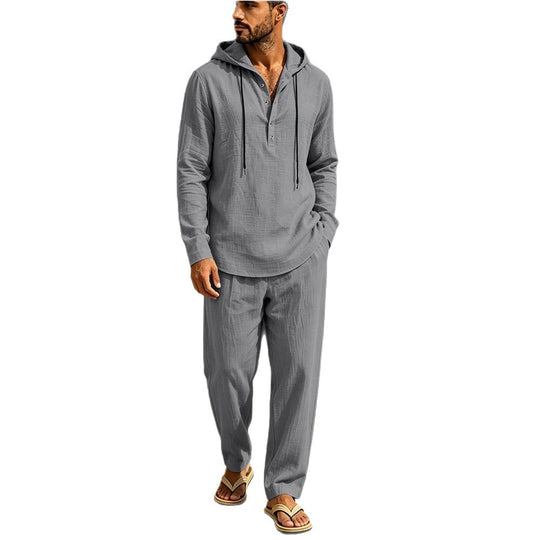 Herren Lässiges Leinen-Look Freizeit-Set mit Kapuzenhemd und weiten Hosen Shop Nory