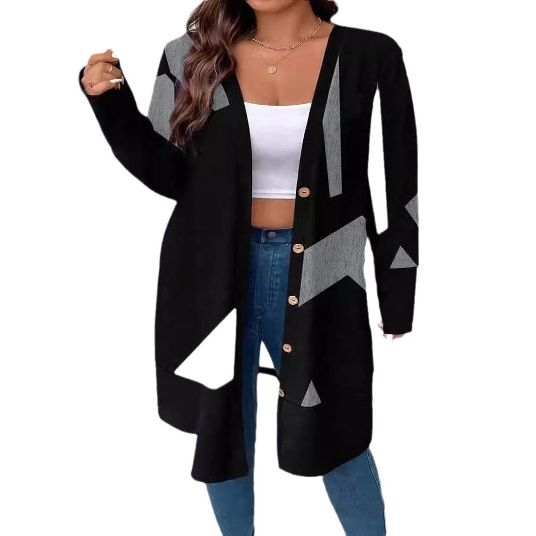 Damen Oversize-Strickcardigan mit geometrischem Print, Knopfleiste und aufgesetzten Taschen Shop Nory