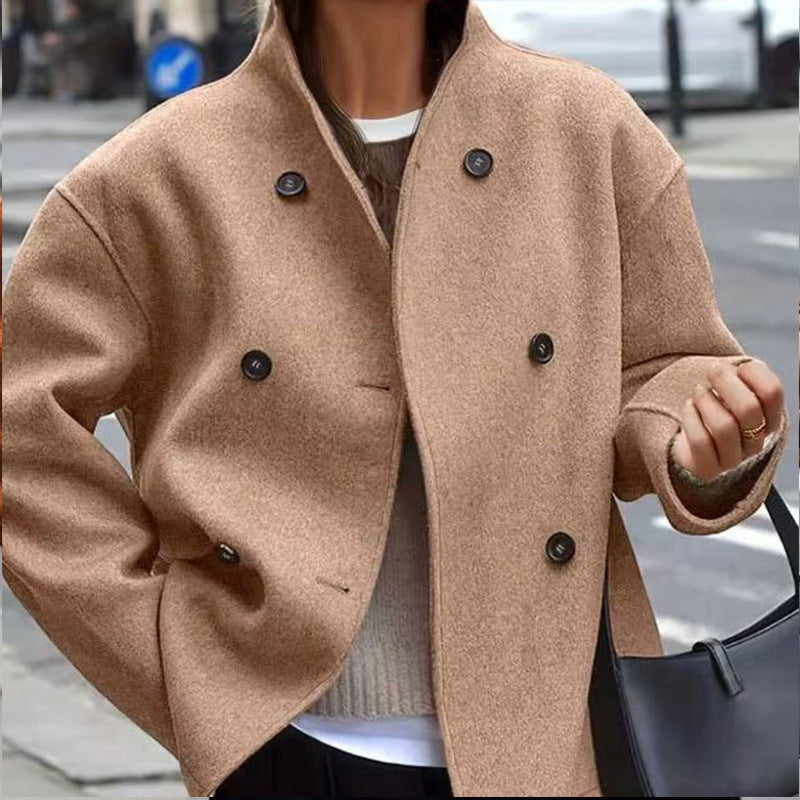 Damen Kurz geschnittener Oversize-Wollmantel mit doppelreihiger Knopfleiste und Stehkragen Shop Nory