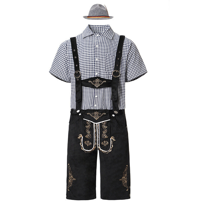 Herren nan traditionelle Trachtenlederhose mit bestickten Hosenträgern, kariertem Trachtenhemd und Filzhut Shop Nory