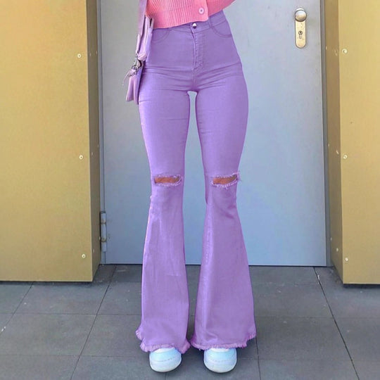 Damen Hochgeschnittene Stretch-Flared-Jeans mit Knieausriss, ausgestelltem Bein und rohem Saum Shop Nory