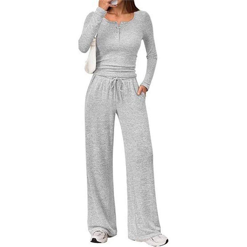 Damen Zweiteiliges Feinstrick-Lounge-Set mit Henley-Top und Palazzo-Hose Shop Nory