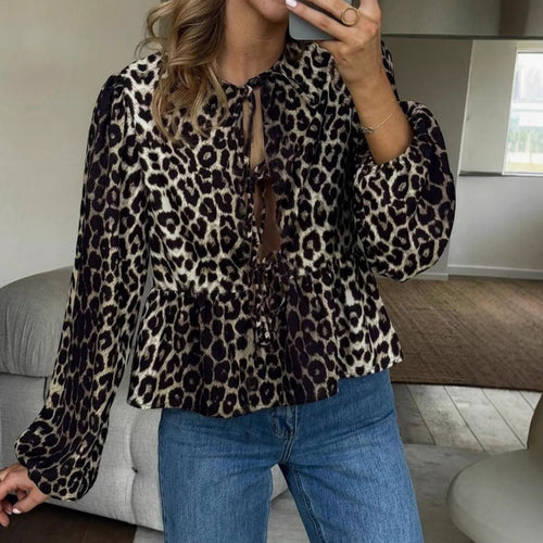 Damen Bluse mit Leopardenprint, Bindebändern und Ballonärmeln Shop Nory