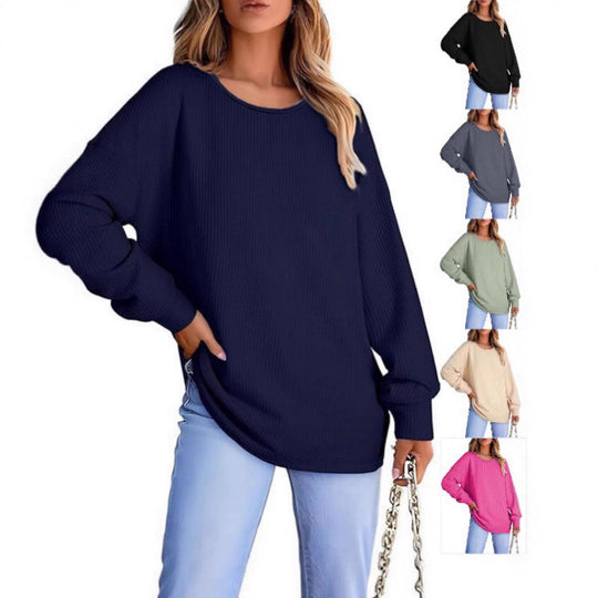 Damen Oversize Waffelstrickpullover mit Rundhals, Ballonärmeln und verlängertem Saum Shop Nory