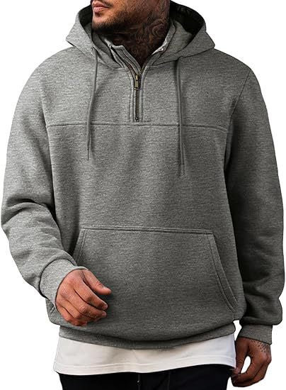 Herren Kapuzenpullover mit halbem Reißverschluss, Kängurutasche und gerippten Bündchen Shop Nory