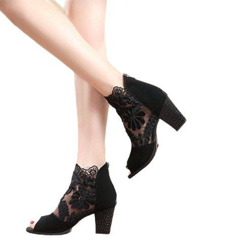 Damen Spitzen-Open-Toe Stiefelette mit floralem Sticknetz und dekorativem Blockabsatz Shop Nory