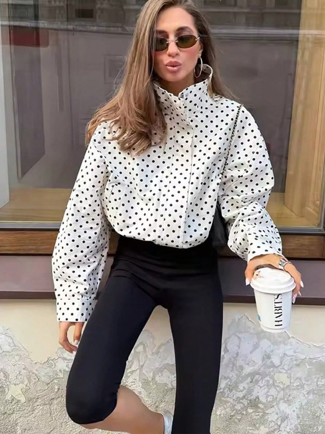 Damen Polka‑Dot Stehkragen‑Bluse mit oversized Ballonärmeln Shop Nory