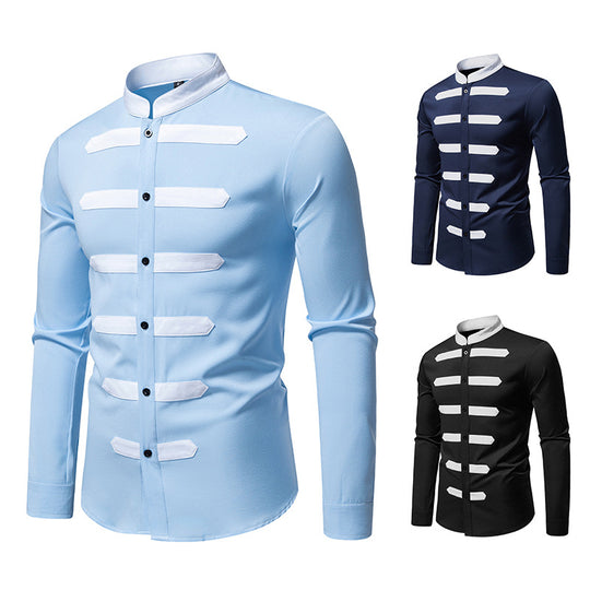 Herren Slim-Fit Hemd mit Stehkragen und dekorativen Paspelstreifen Shop Nory